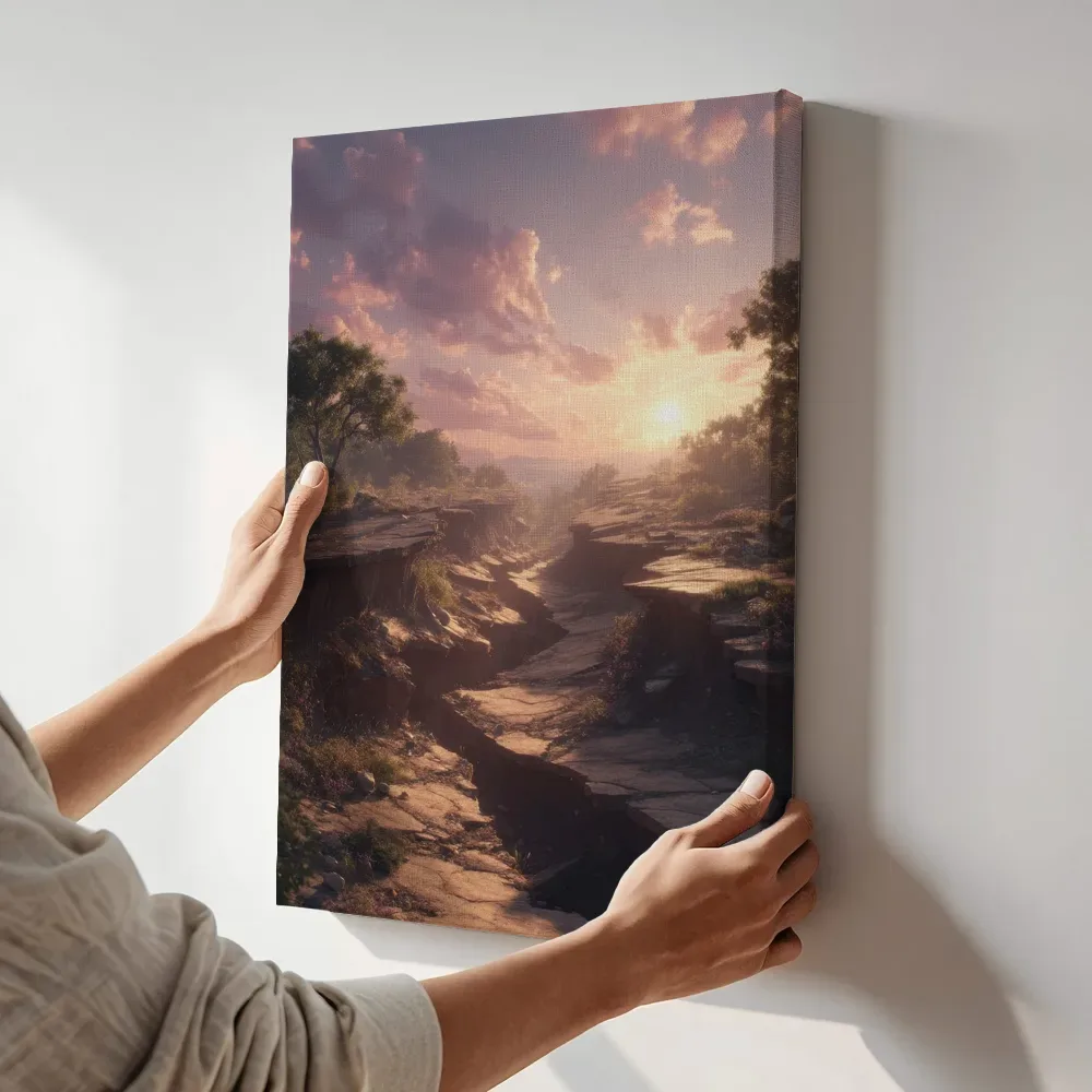 Sfeerimpressie: Verweerde rotskloof bij zonsondergang terwijl het aan de muur wordt gehangen