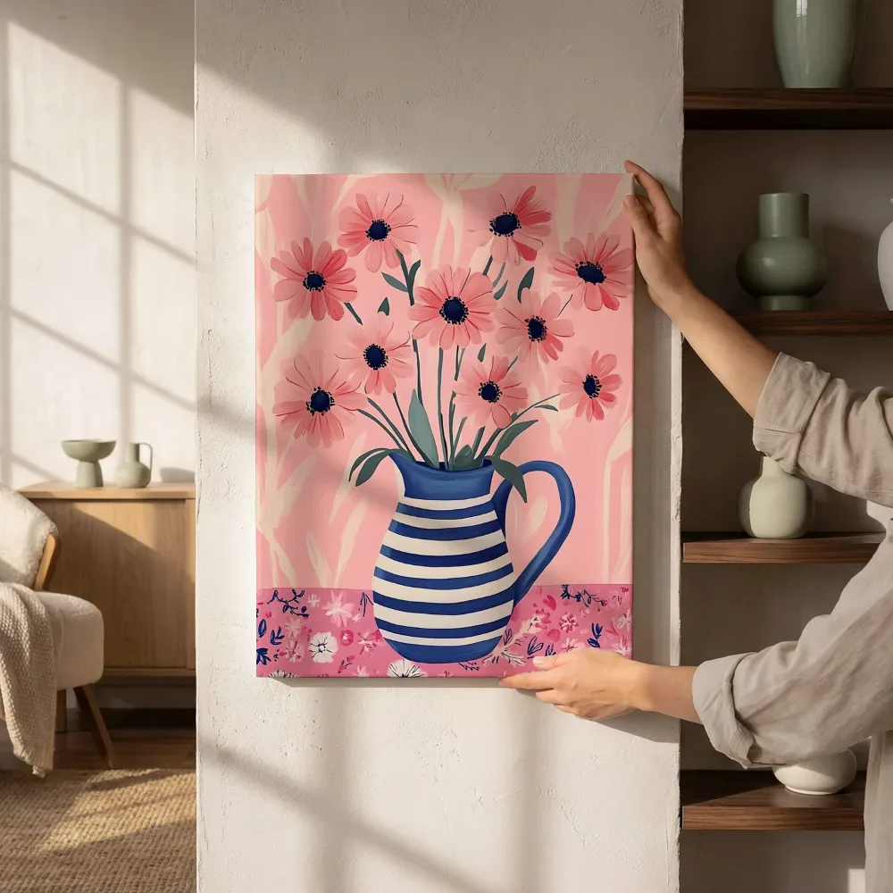 Sfeerimpressie: Roze anemonen in blauwe kan naast de kast