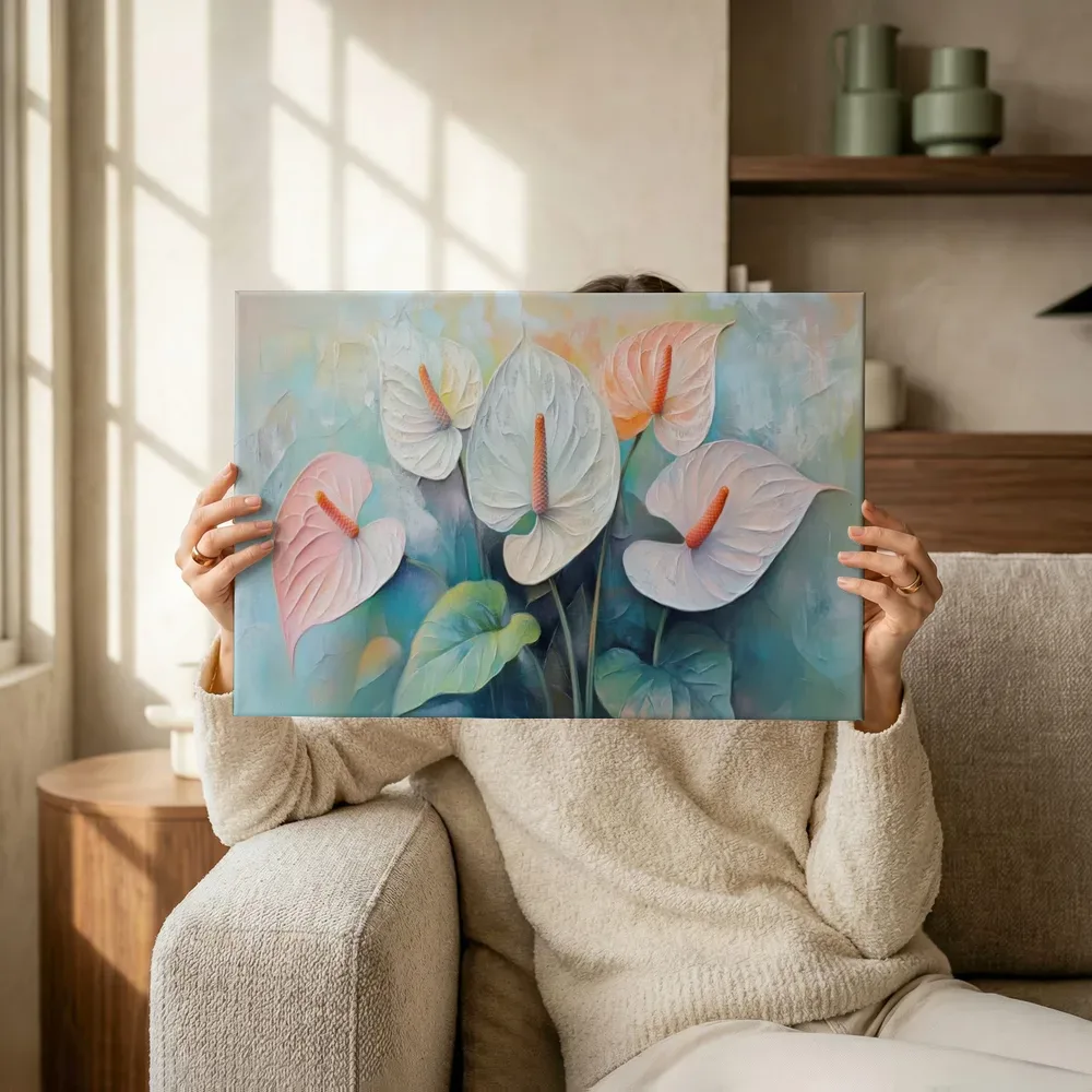 Sfeerimpressie: Roze anthurium terwijl het omhoog wordt gehouden