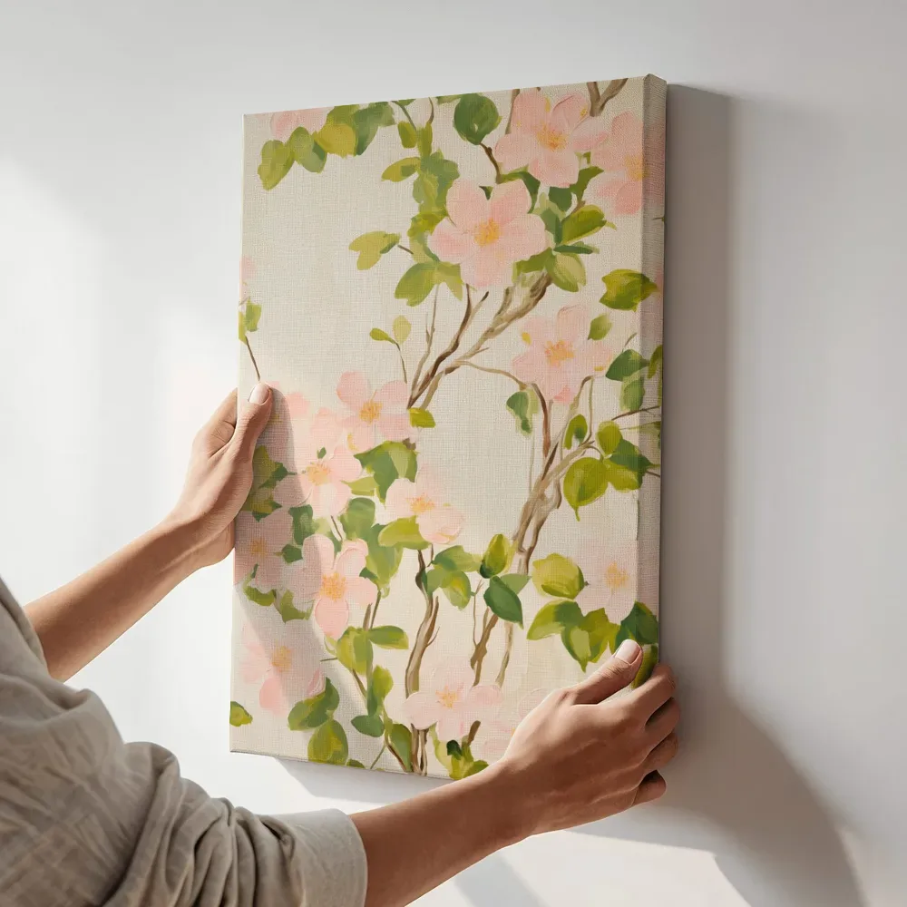 Sfeerimpressie: Roze appelbloesem in volle bloei terwijl het aan de muur wordt gehangen