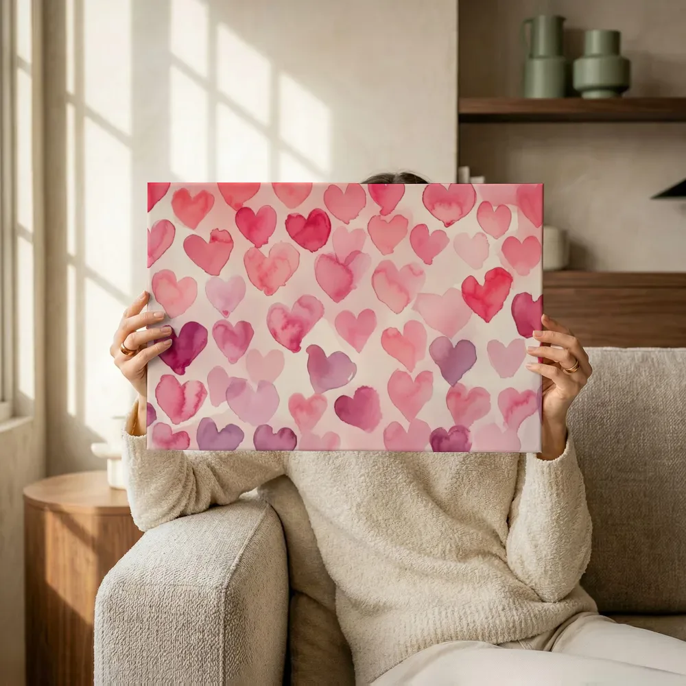 Sfeerimpressie: Roze aquarel hartjes patroon terwijl het omhoog wordt gehouden