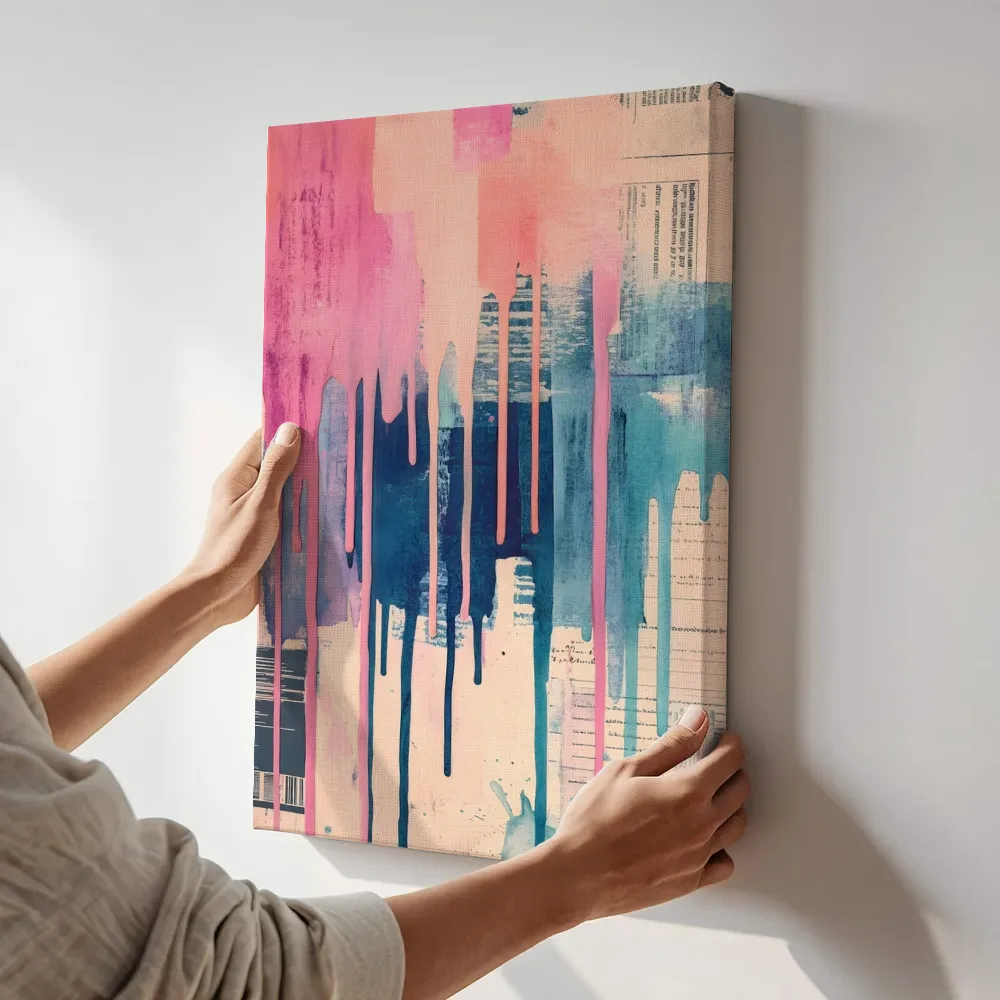 Sfeerimpressie: Roze blauw drip abstract terwijl het aan de muur wordt gehangen