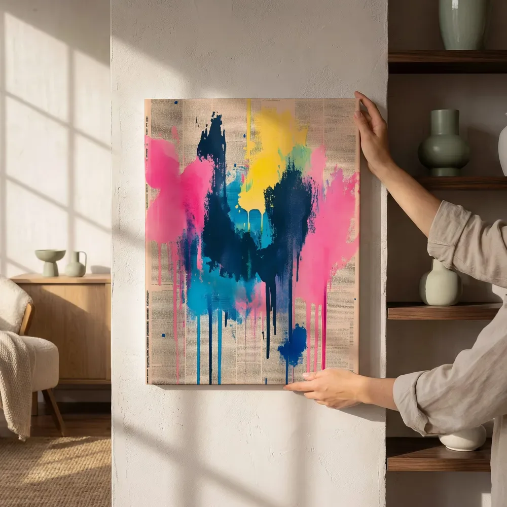 Sfeerimpressie: Roze blauw graffiti drip collage naast de kast