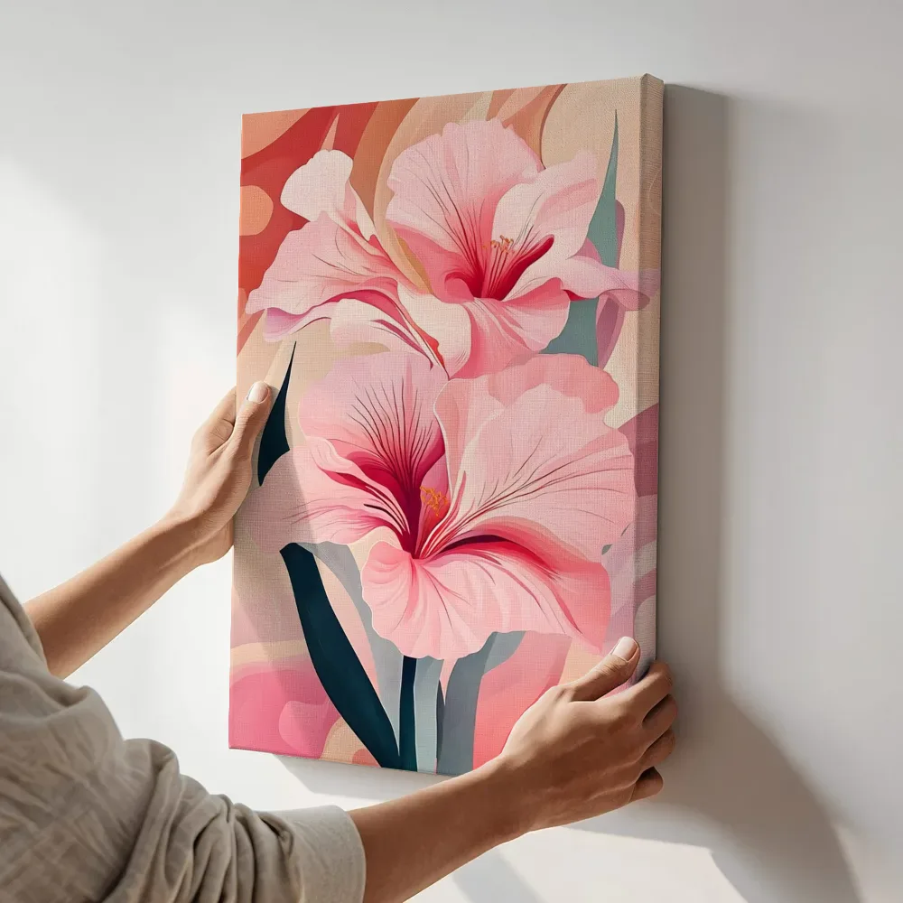 Sfeerimpressie: Roze bloem abstract terwijl het aan de muur wordt gehangen