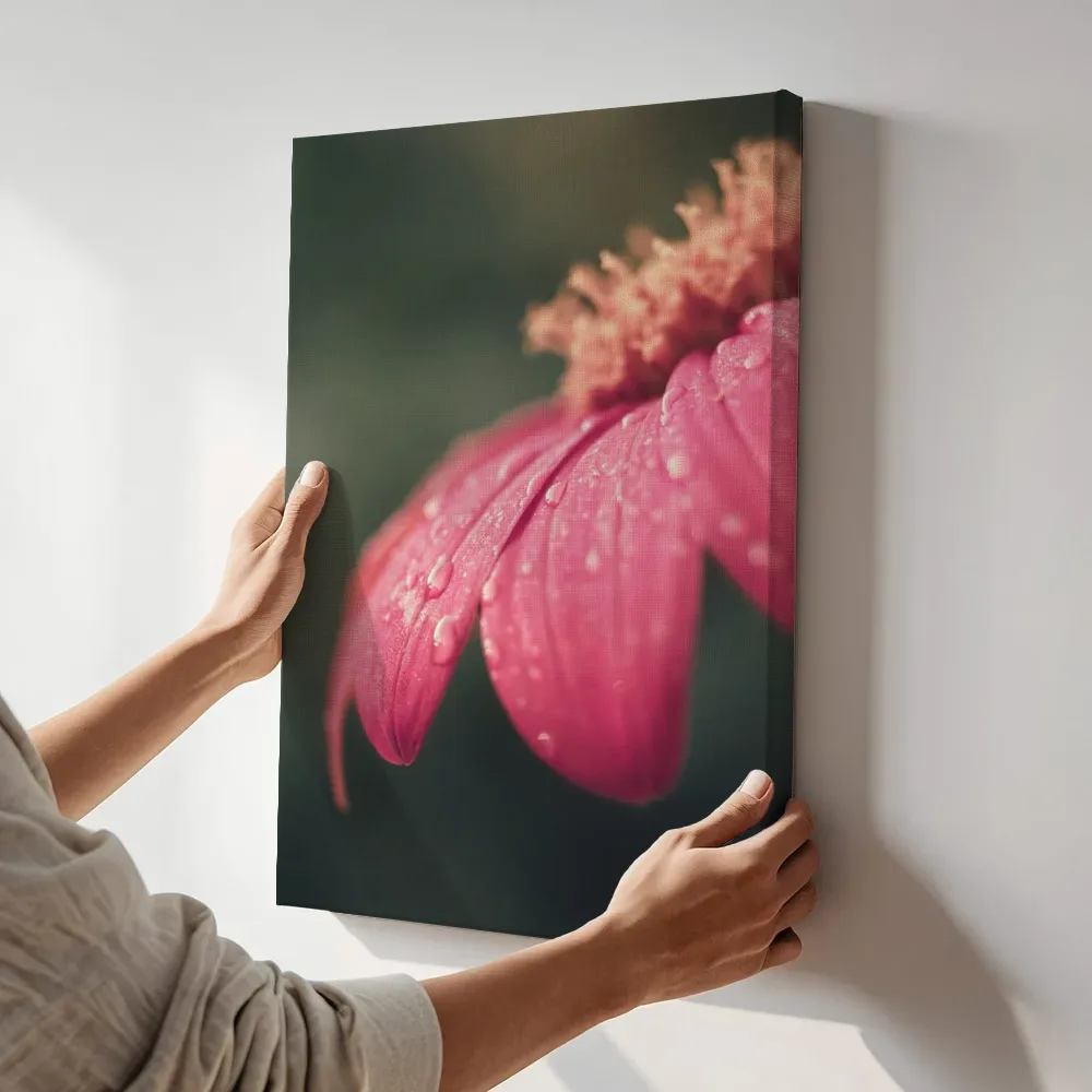 Sfeerimpressie: Roze bloem met dauwdruppels terwijl het aan de muur wordt gehangen