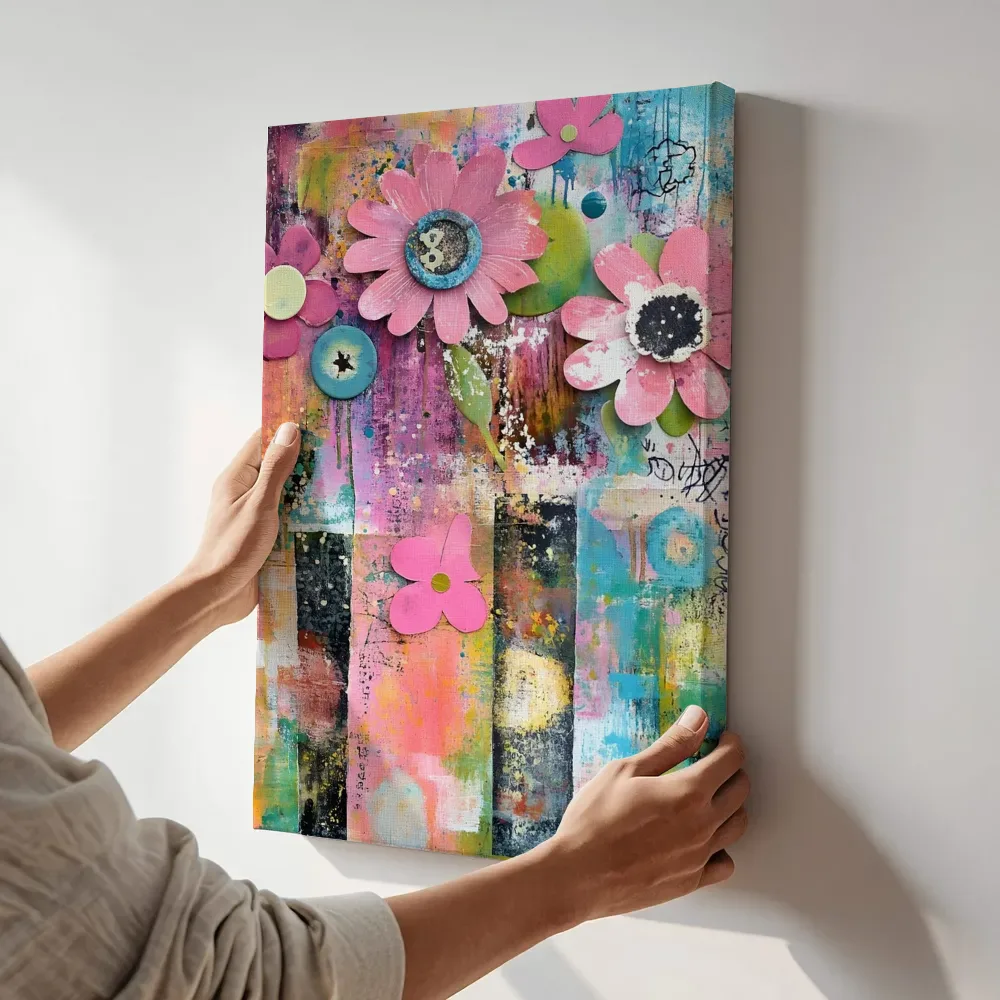 Sfeerimpressie: Roze bloem met graffiti terwijl het aan de muur wordt gehangen