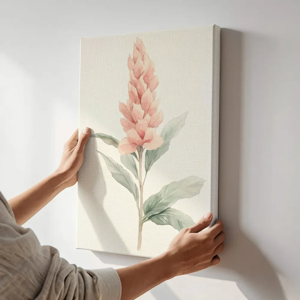 Sfeerimpressie: Roze bloemenaar aquarel terwijl het aan de muur wordt gehangen