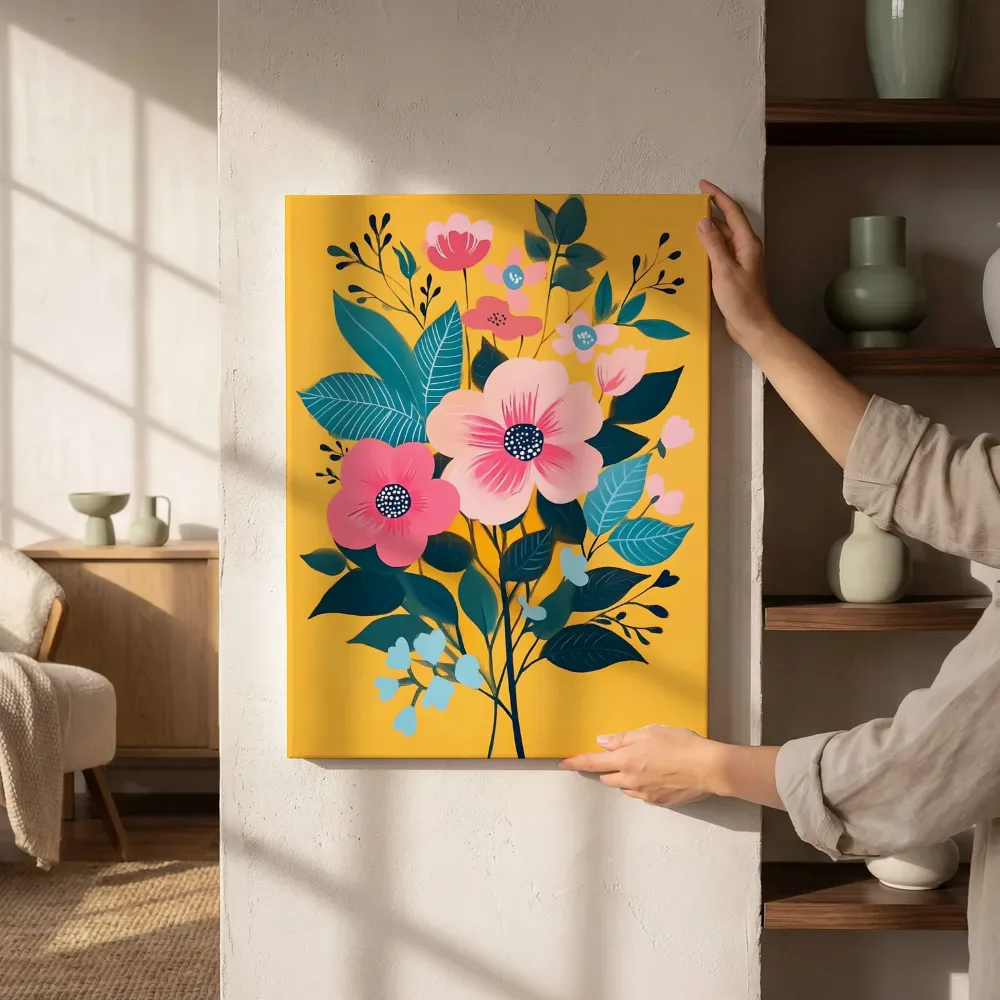 Sfeerimpressie: Roze bloemen met blauwe accenten naast de kast