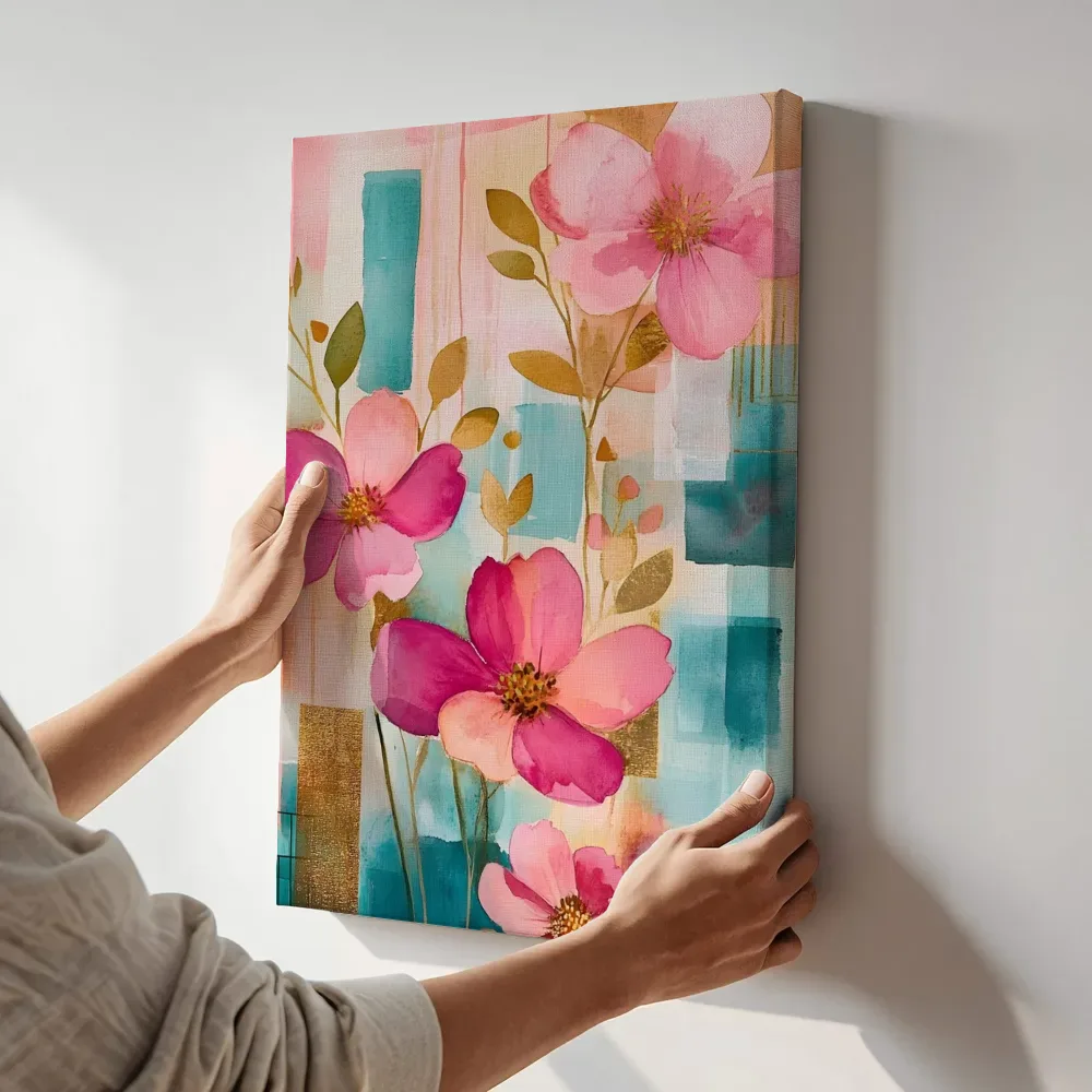 Sfeerimpressie: Roze bloemen met goudaccent terwijl het aan de muur wordt gehangen