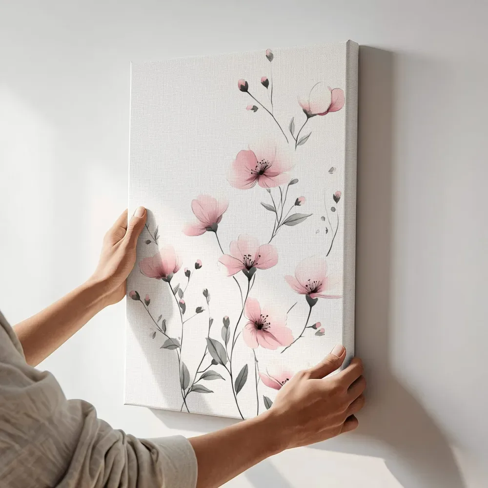 Sfeerimpressie: Roze bloemen met grijstinten aquarel terwijl het aan de muur wordt gehangen