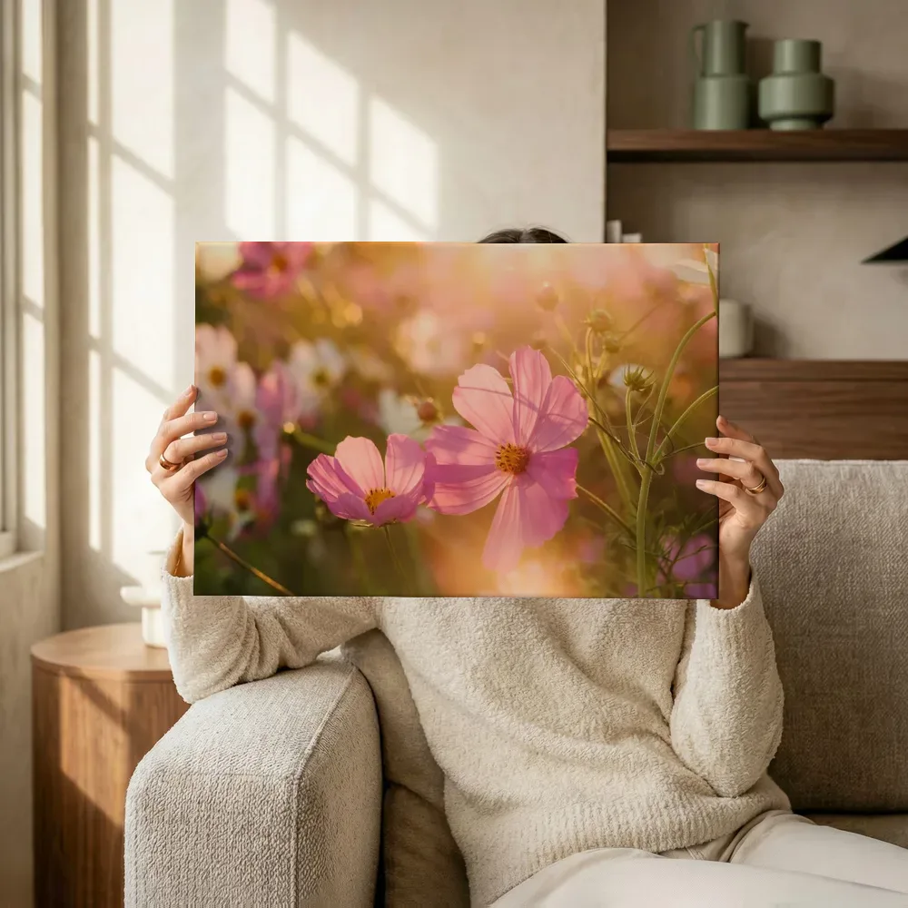 Sfeerimpressie: Roze bloemen in gouden tegenlicht terwijl het omhoog wordt gehouden