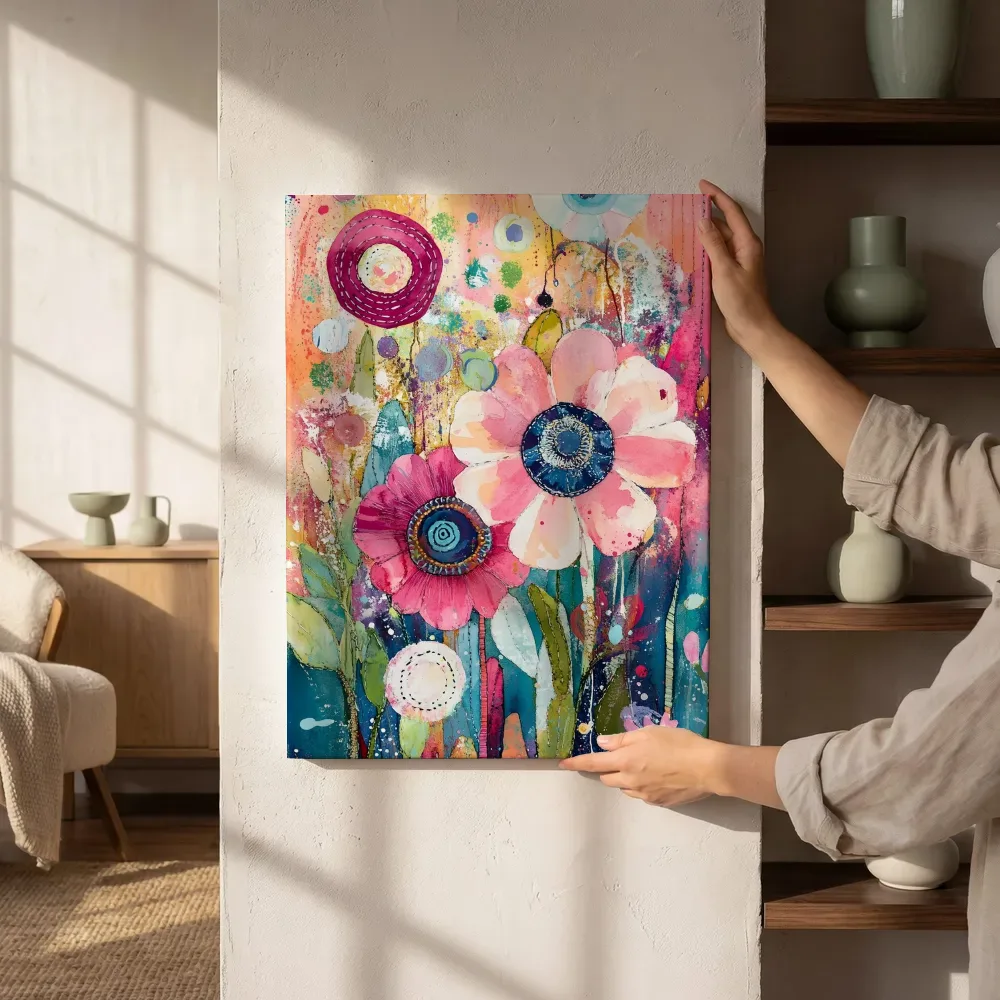 Sfeerimpressie: Roze bloemen met blauwe kern naast de kast