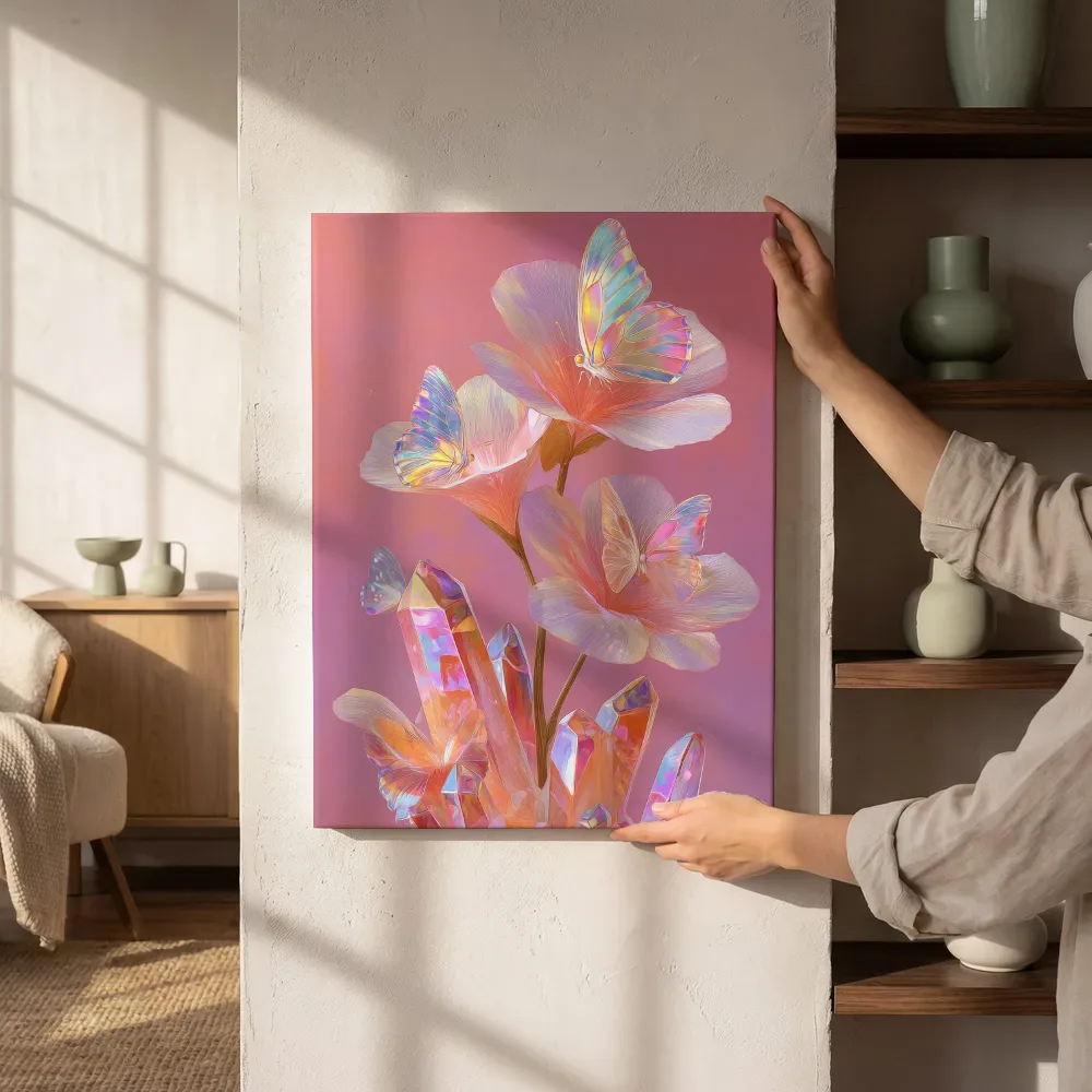 Sfeerimpressie: Roze bloemen met vlinders en kristallen terwijl het aan de muur wordt gehangen