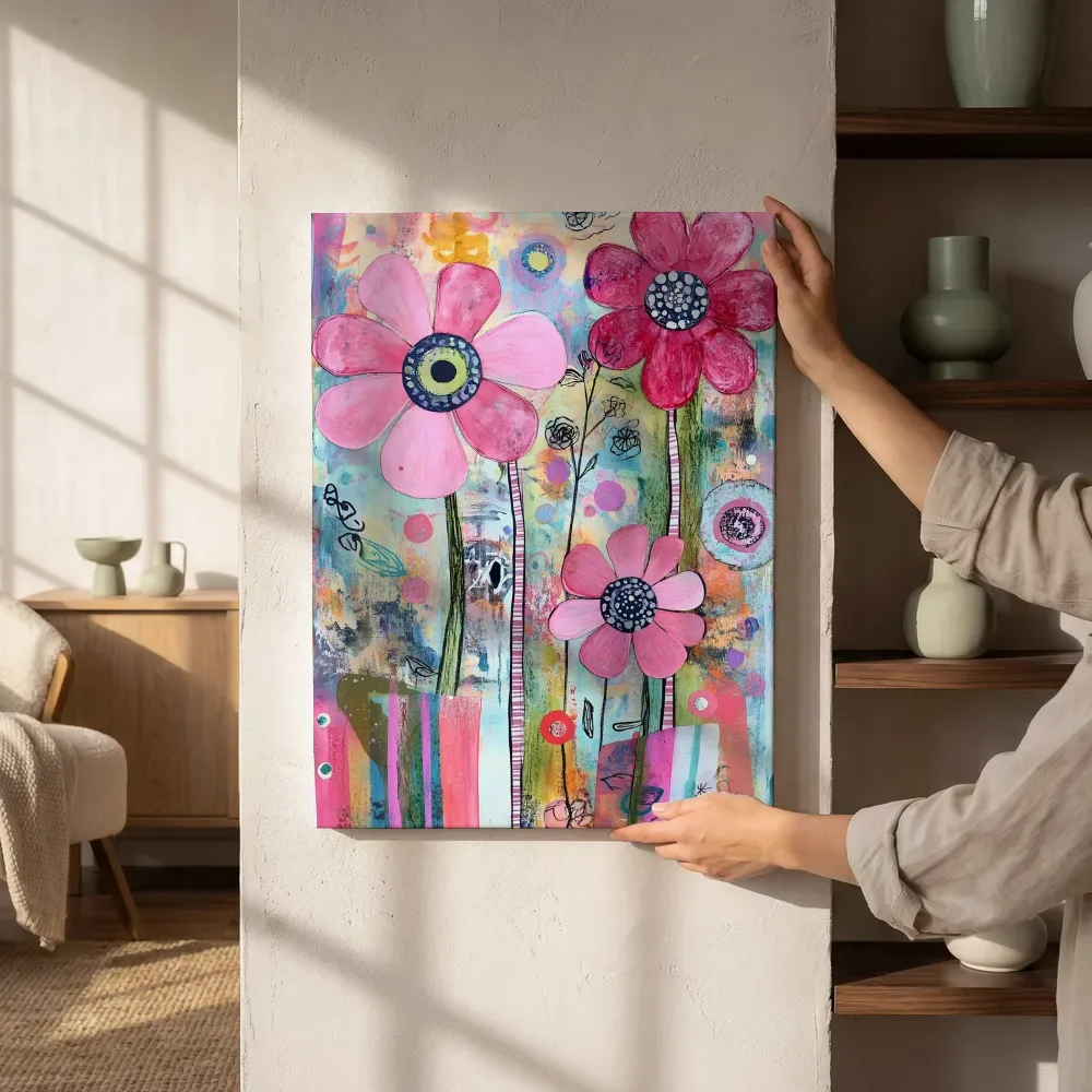 Sfeerimpressie: Roze bloemen mixed media naast de kast