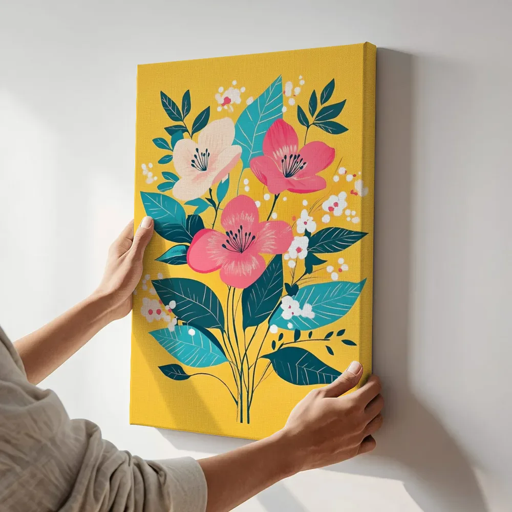 Sfeerimpressie: Roze bloemen op geel terwijl het aan de muur wordt gehangen