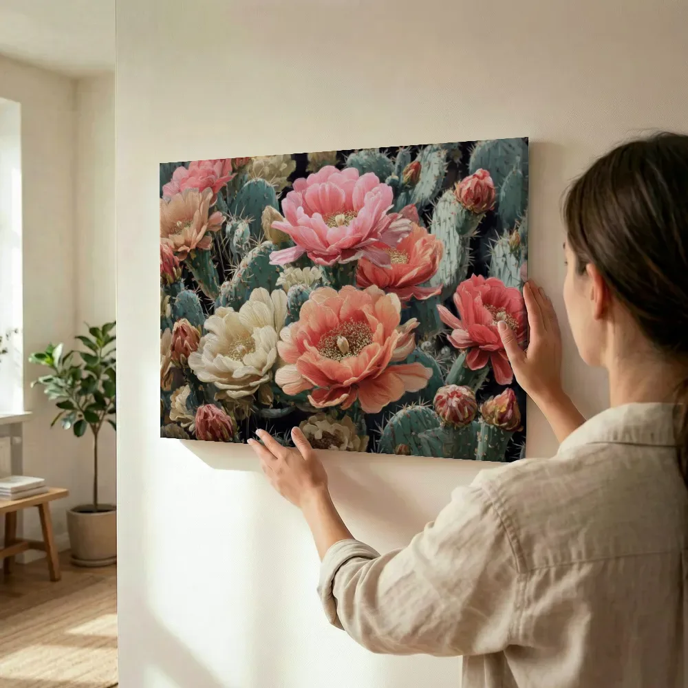 Sfeerimpressie: Roze bloemen tussen de cactussen terwijl het omhoog wordt gehouden