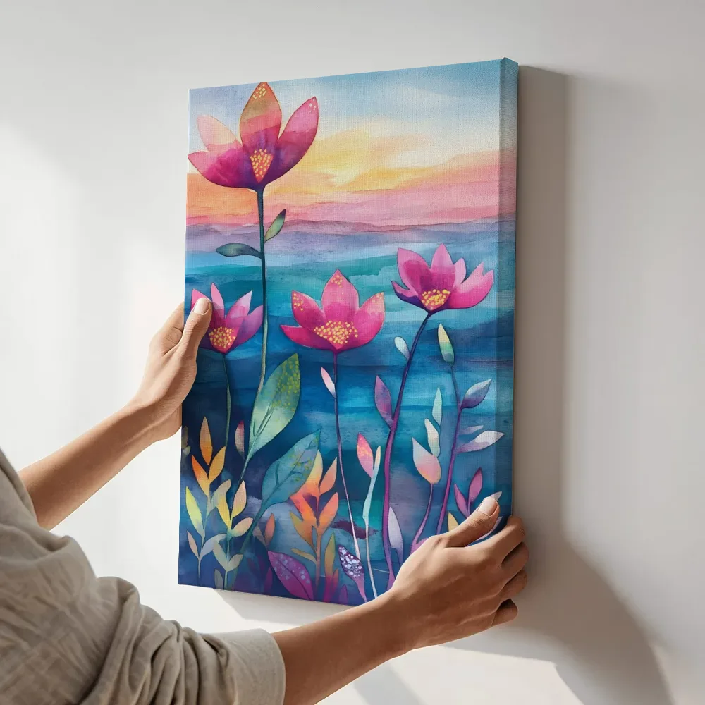 Sfeerimpressie: Roze bloemen bij zonsondergang terwijl het aan de muur wordt gehangen