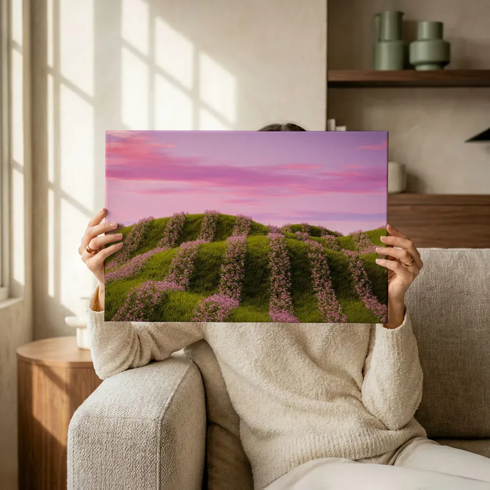 Sfeerimpressie: Roze bloemenheuvel bij zonsondergang terwijl het omhoog wordt gehouden