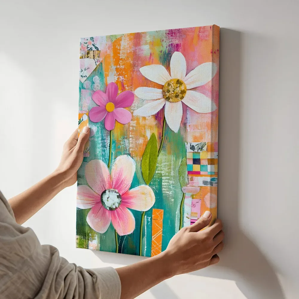Sfeerimpressie: Roze bloementuin mixed media terwijl het aan de muur wordt gehangen