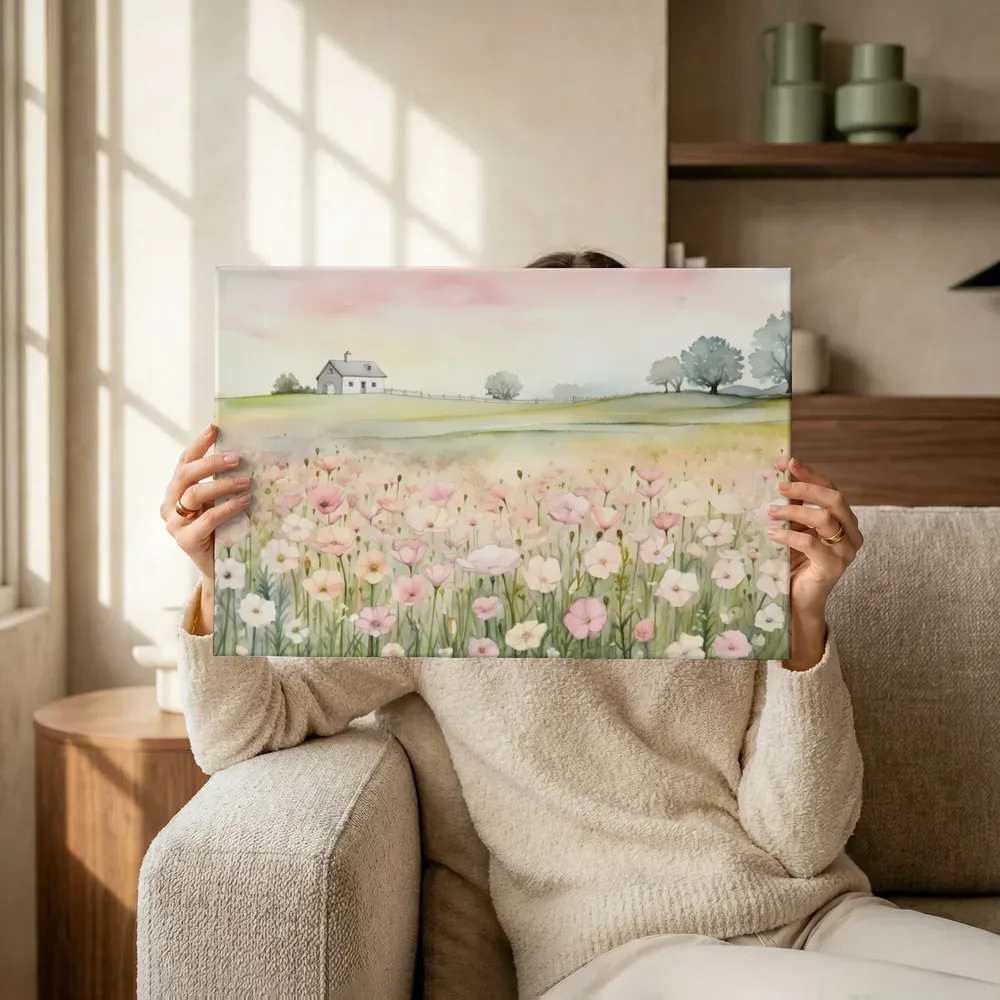 Sfeerimpressie: Roze bloemenveld met boerderij terwijl het omhoog wordt gehouden