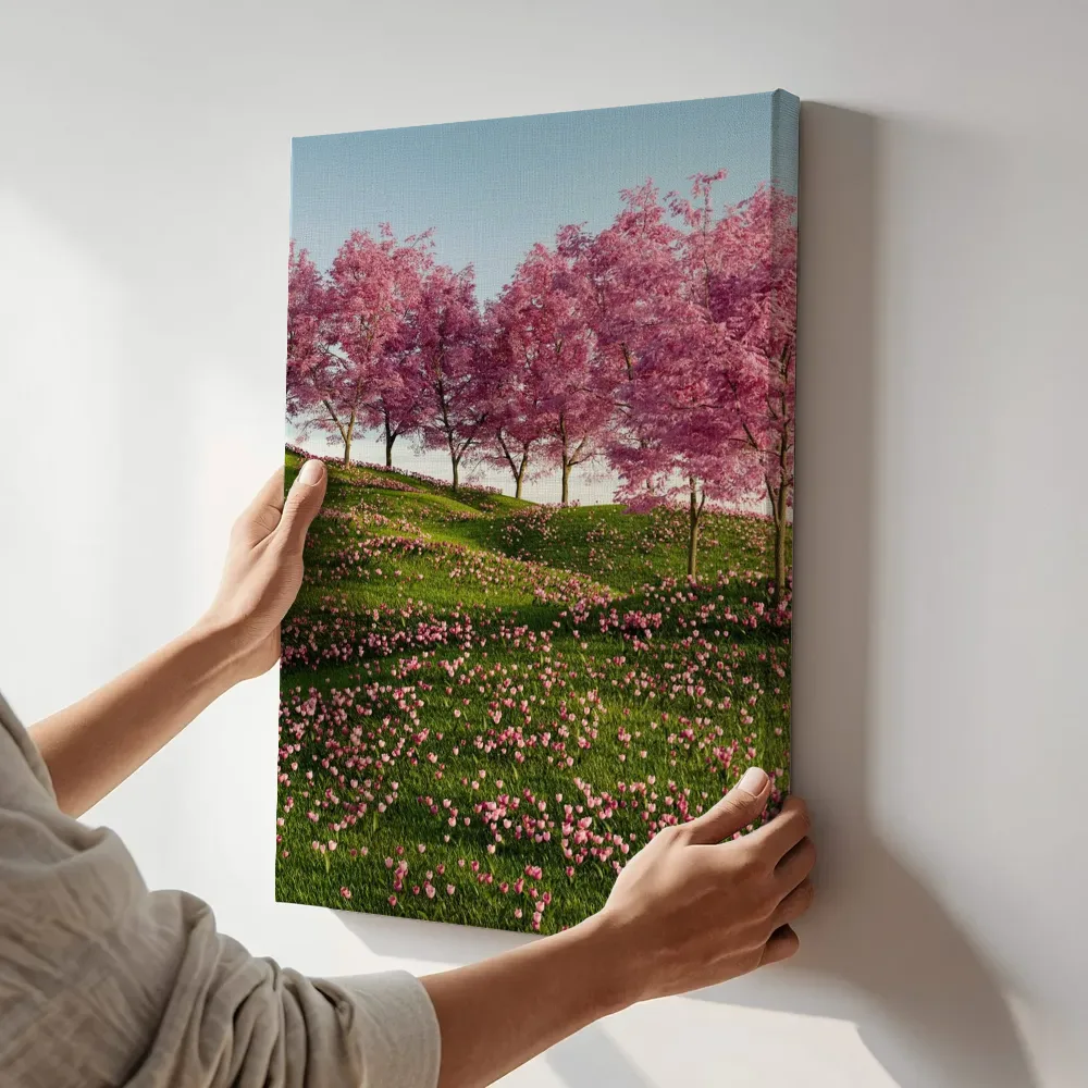Sfeerimpressie: Roze bloesemhelling vol voorjaarsbloemen terwijl het aan de muur wordt gehangen