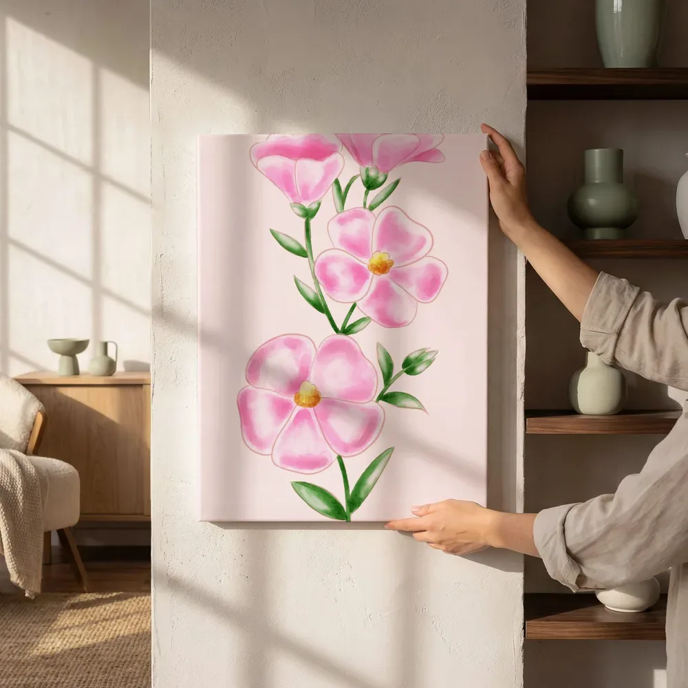 Sfeerimpressie: Roze bloesems in aquarelstijl naast de kast