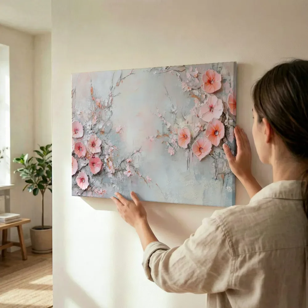 Sfeerimpressie: Roze bloesemtak in reliëf terwijl het omhoog wordt gehouden