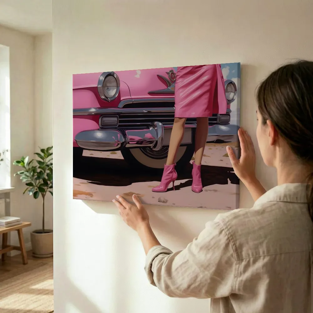 Sfeerimpressie: Roze Cadillac en roze laarzen terwijl het wordt opgehangen