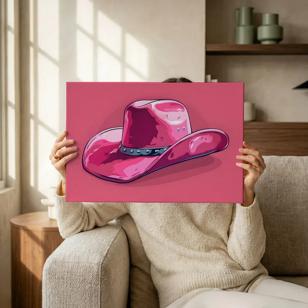 Sfeerimpressie: Roze cowboyhoed pop-art terwijl het omhoog wordt gehouden