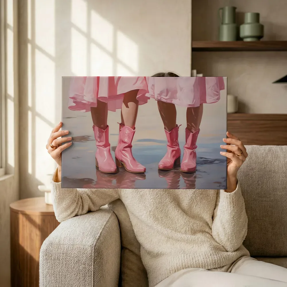 Sfeerimpressie: Roze cowboylaarzen op het strand terwijl het omhoog wordt gehouden
