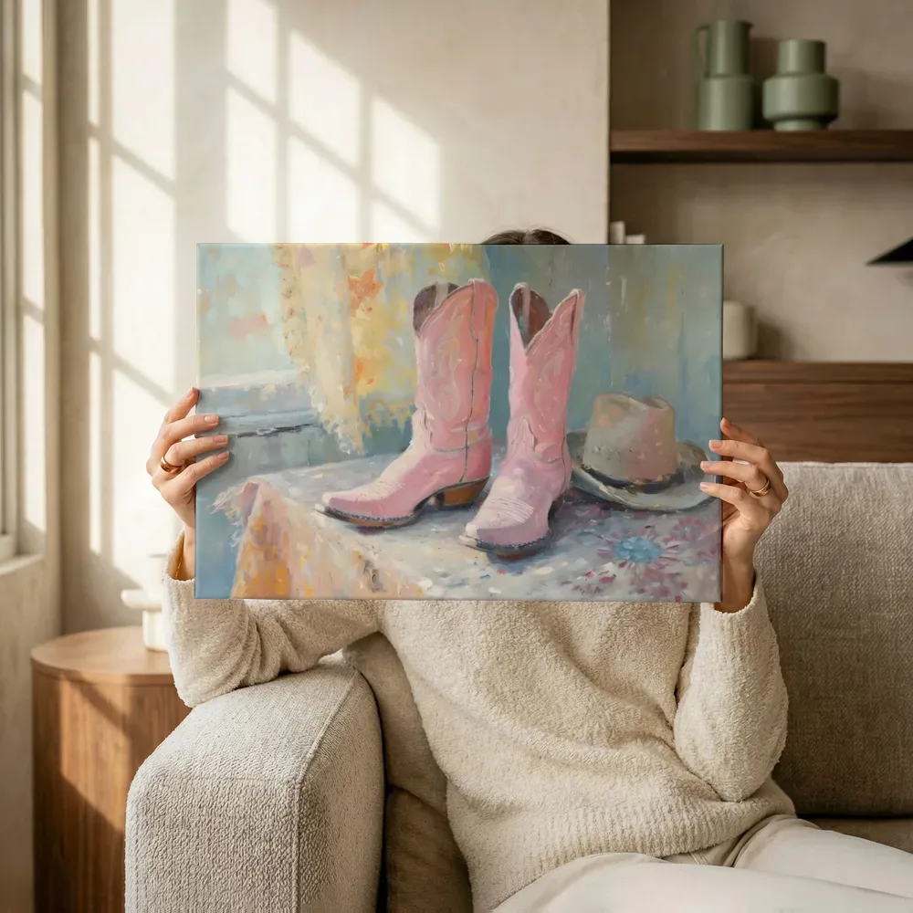 Sfeerimpressie: Roze cowboylaarzen stilleven terwijl het omhoog wordt gehouden