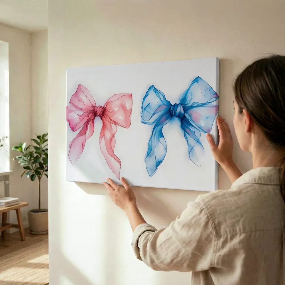 Sfeerimpressie: Roze en blauwe strikken terwijl het wordt opgehangen