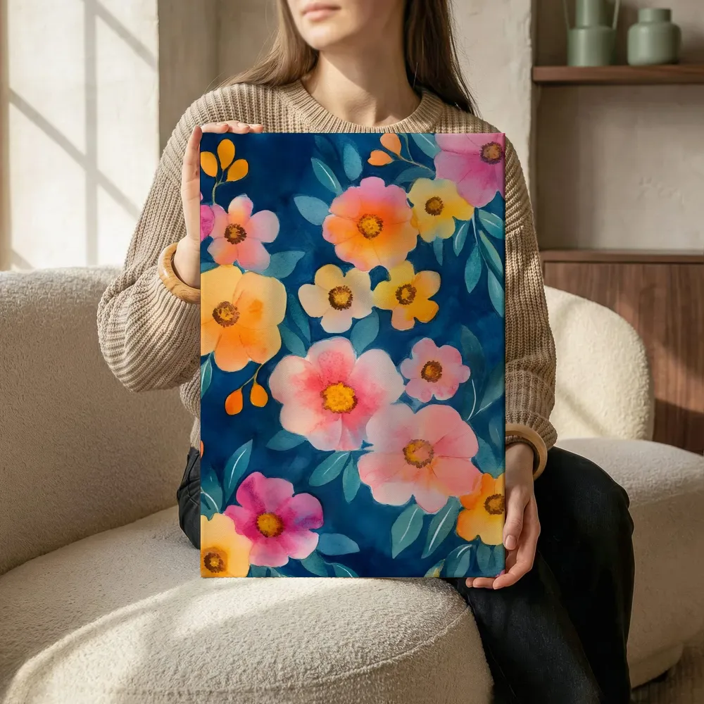 Sfeerimpressie: Roze en gele bloemen op marineblauw terwijl het zittend wordt getoond