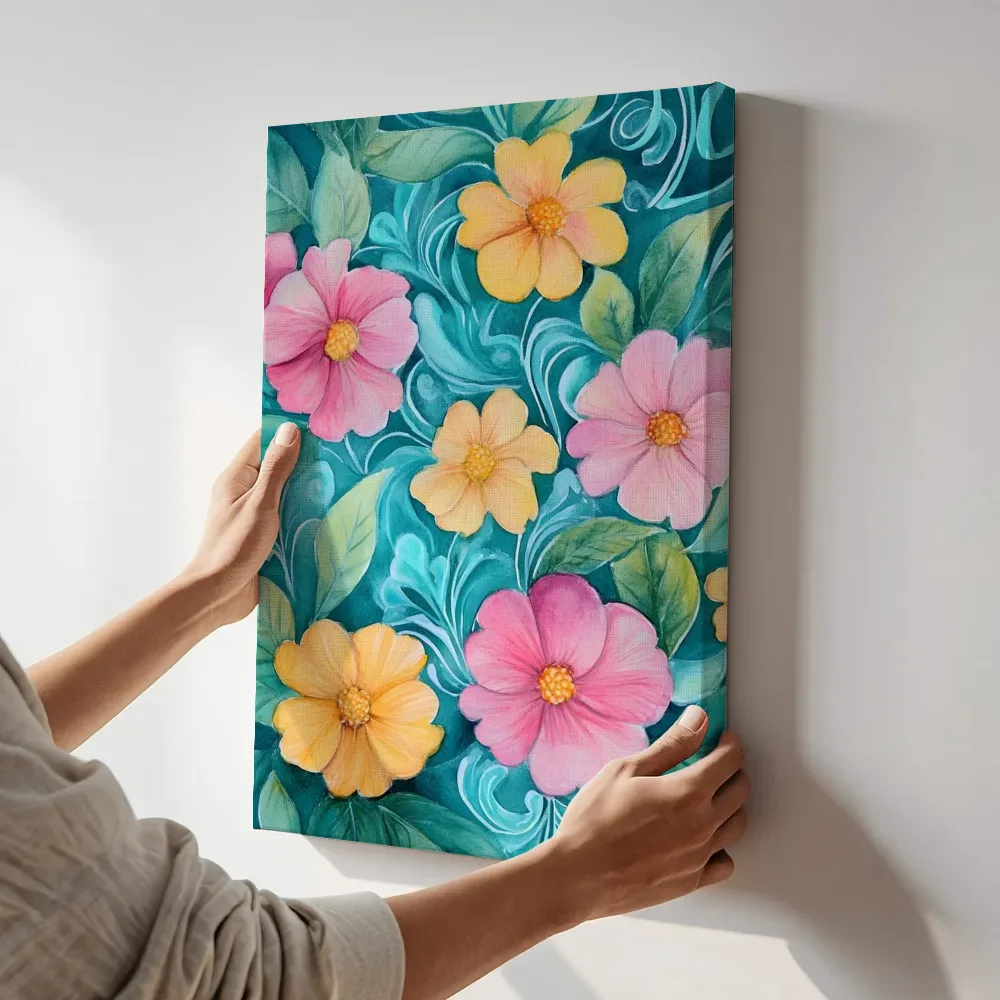 Sfeerimpressie: Roze en gele bloemen sierlijke achtergrond terwijl het aan de muur wordt gehangen