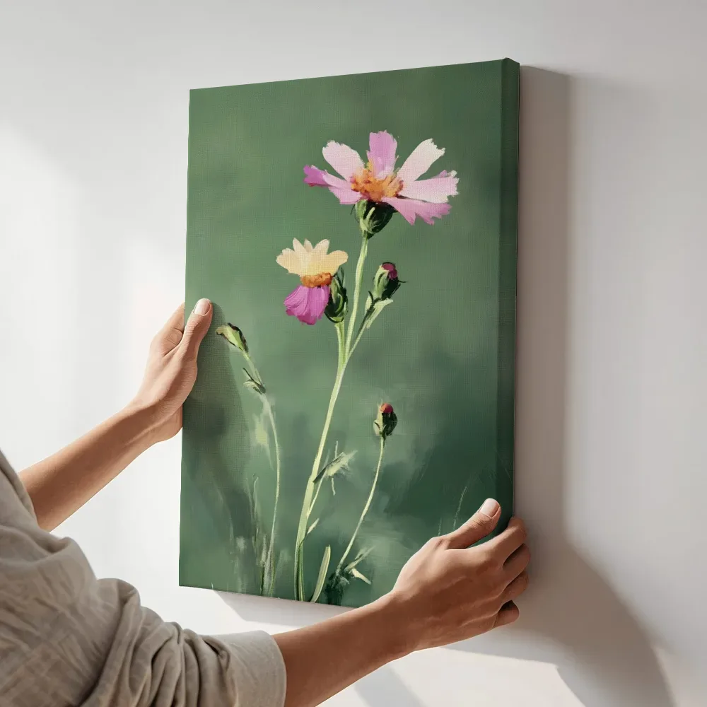 Sfeerimpressie: Roze en gele veldbloemen terwijl het aan de muur wordt gehangen