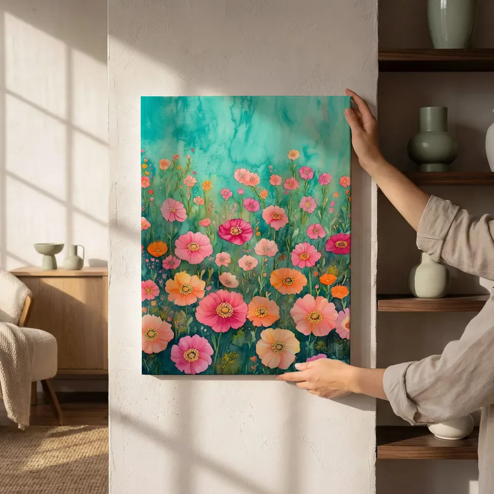 Sfeerimpressie: Roze en magenta bloemenveld naast de kast