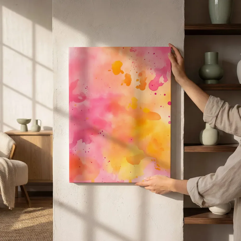 Sfeerimpressie: Roze en oranje aquarelwassing naast de kast