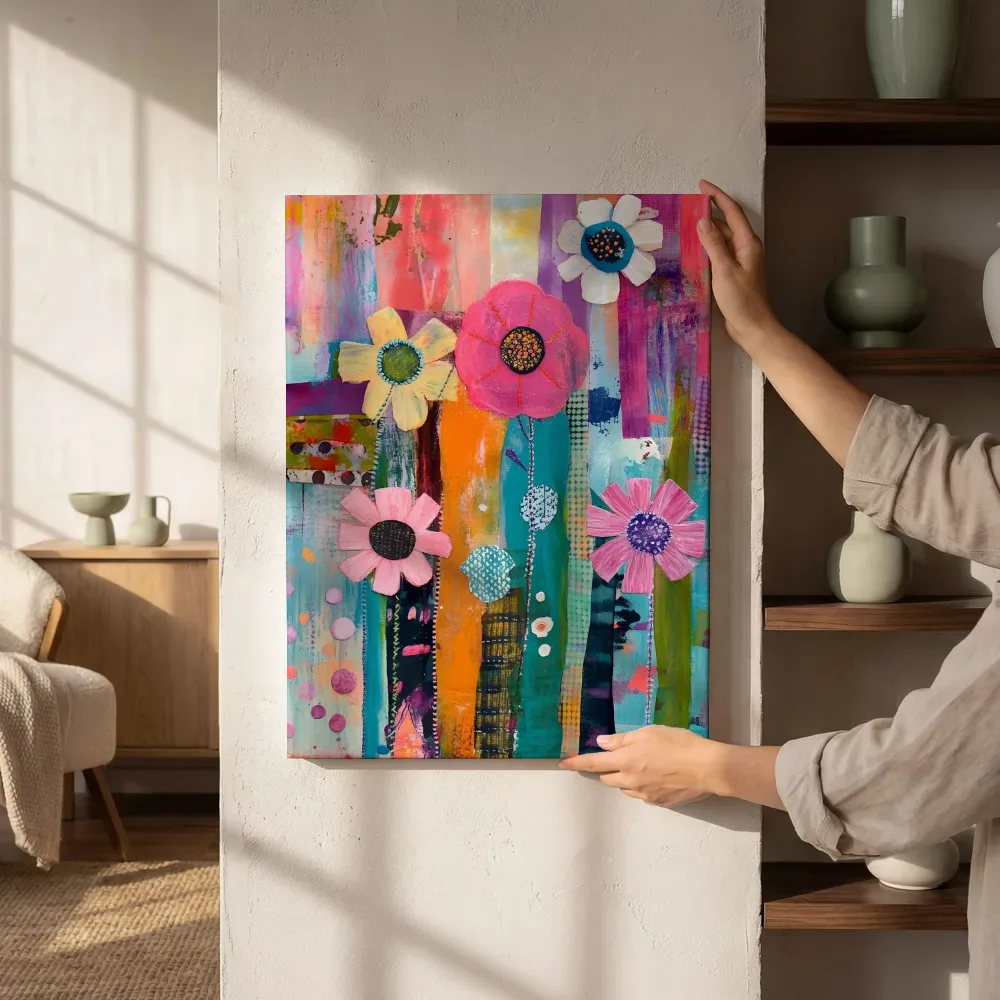 Sfeerimpressie: Roze en witte bloemkoppen in collage terwijl het aan de muur wordt gehangen