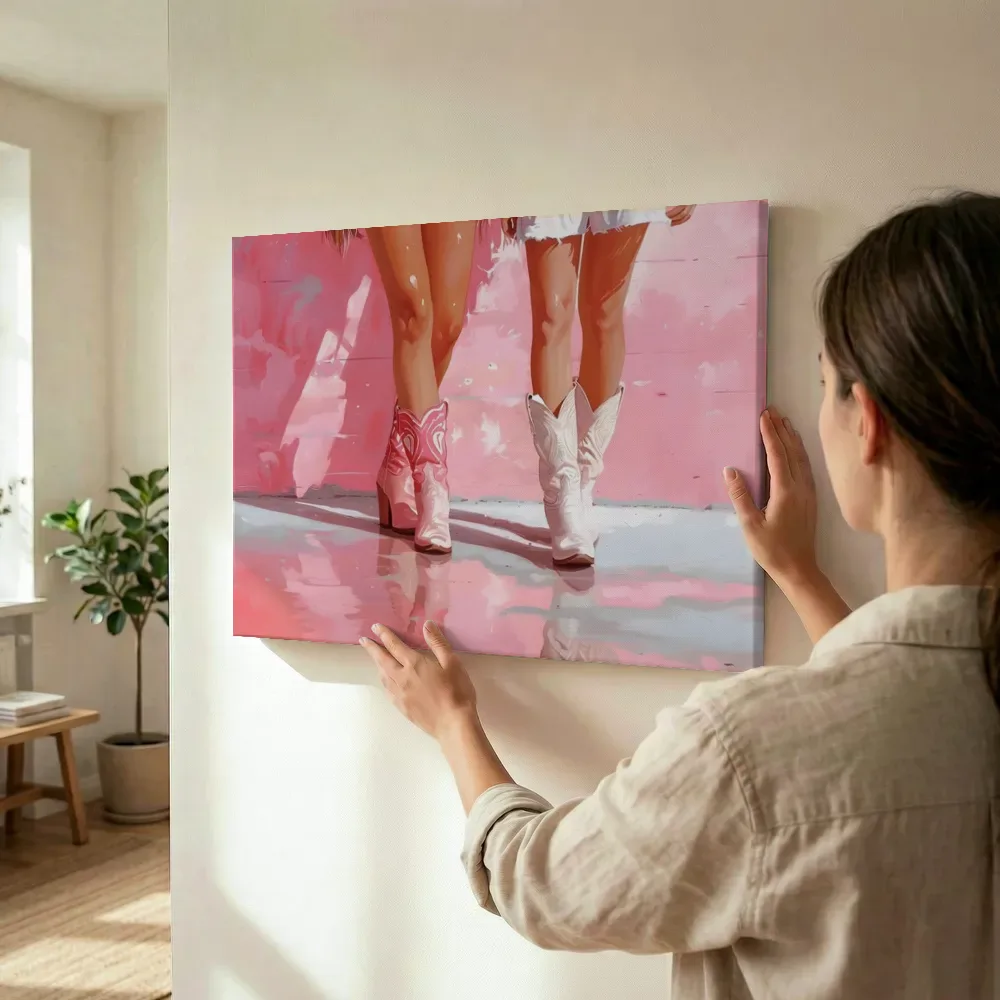 Sfeerimpressie: Roze en witte cowboylaarzen terwijl het wordt opgehangen