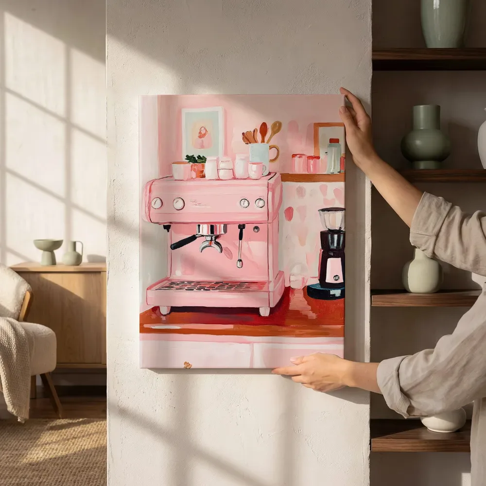 Sfeerimpressie: Roze espressomachine in de keuken naast de kast