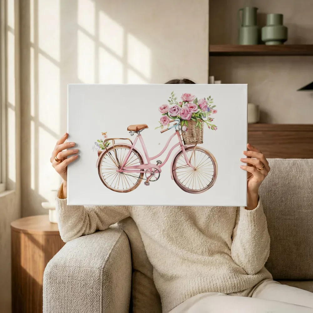 Sfeerimpressie: Roze fiets met rozen terwijl het omhoog wordt gehouden