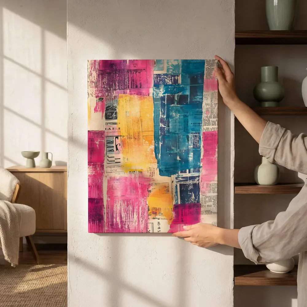 Sfeerimpressie: Roze geel blauw vlakkenschilderij naast de kast