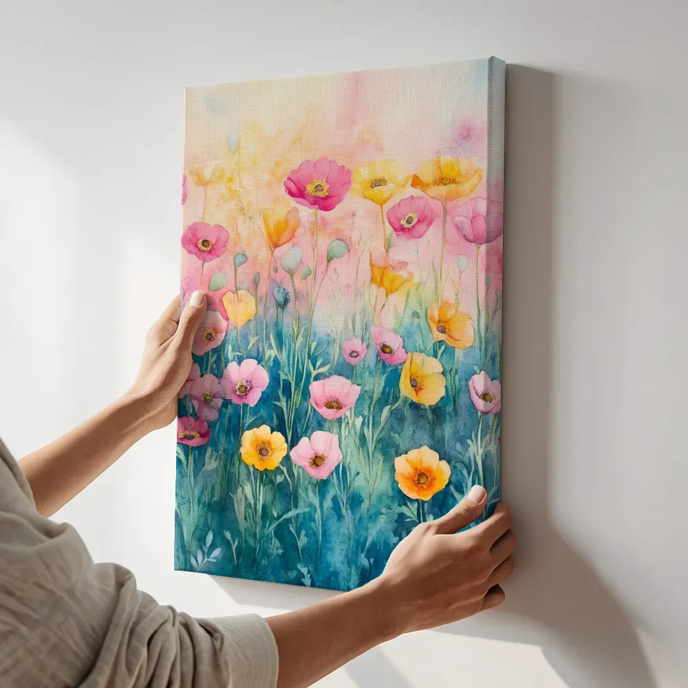Sfeerimpressie: Roze en gele klaprozen veld terwijl het aan de muur wordt gehangen
