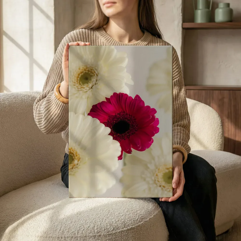 Sfeerimpressie: Roze gerbera tussen witte bloemen terwijl het zittend wordt getoond