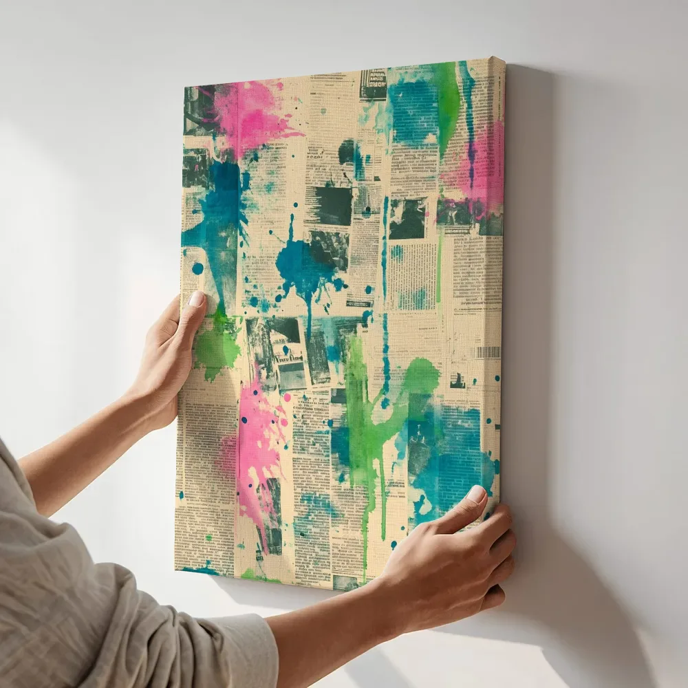 Sfeerimpressie: Roze groen fotocollage terwijl het aan de muur wordt gehangen