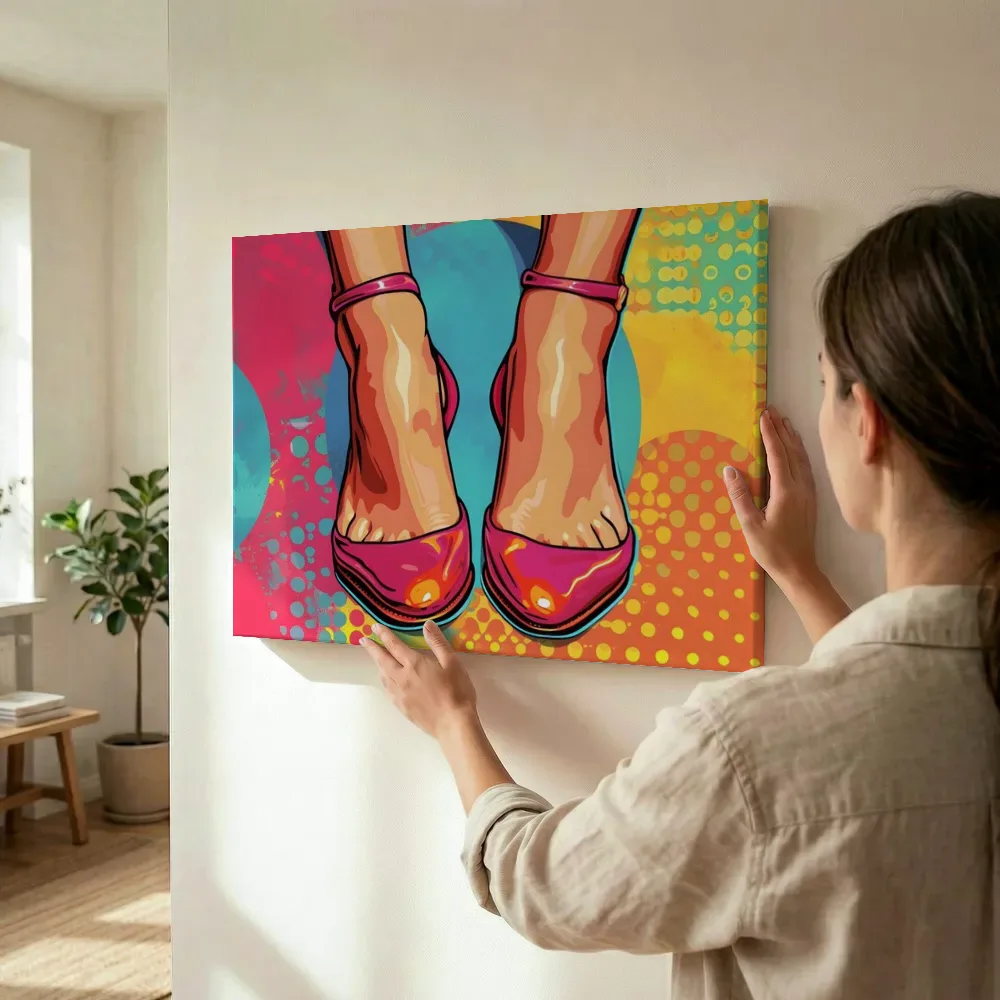 Sfeerimpressie: Roze hakken pop art terwijl het wordt opgehangen