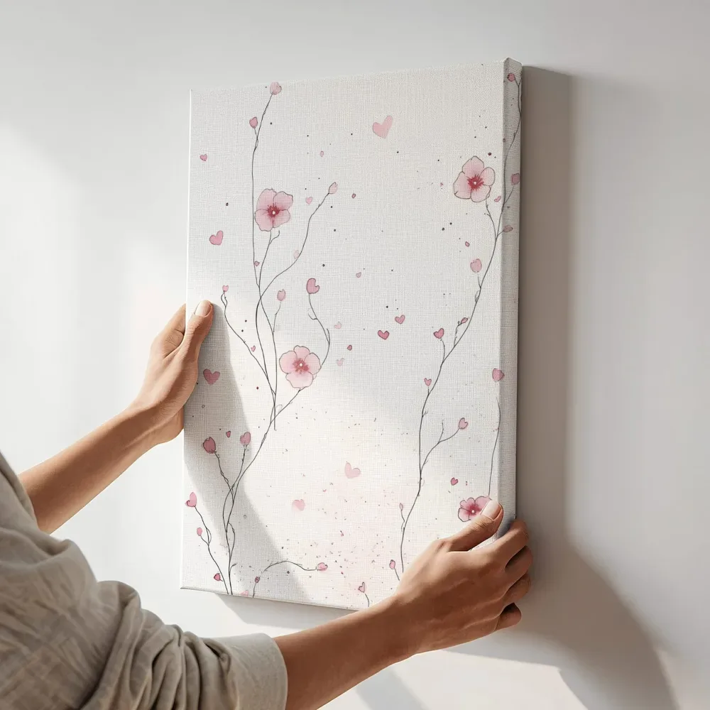 Sfeerimpressie: Roze hartbloemen takken terwijl het aan de muur wordt gehangen