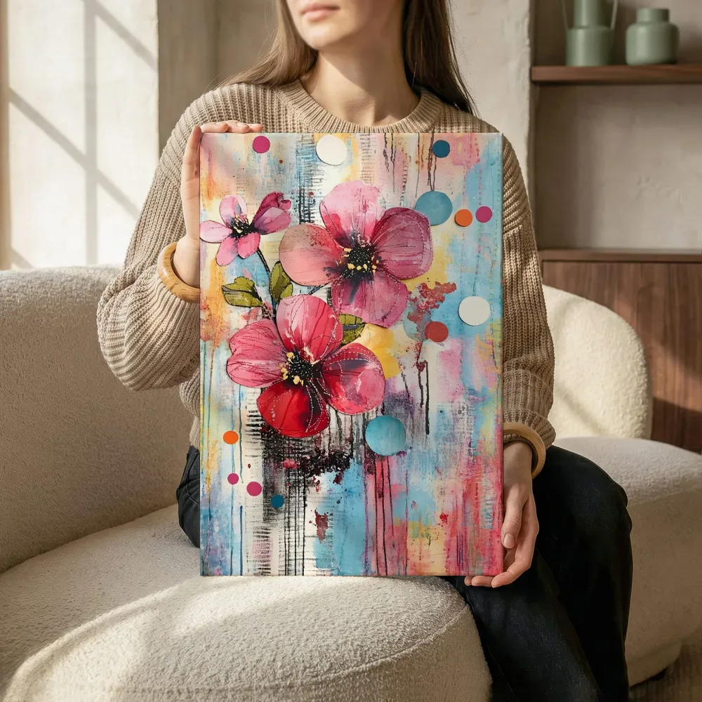 Sfeerimpressie: Roze kersenbloesem aquarel terwijl het zittend wordt getoond