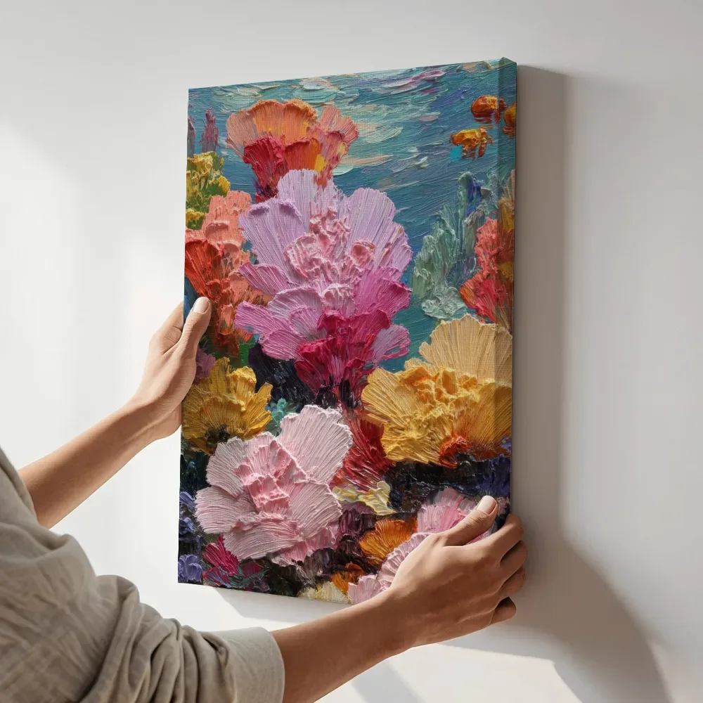 Sfeerimpressie: Roze koraaltuin macro terwijl het aan de muur wordt gehangen