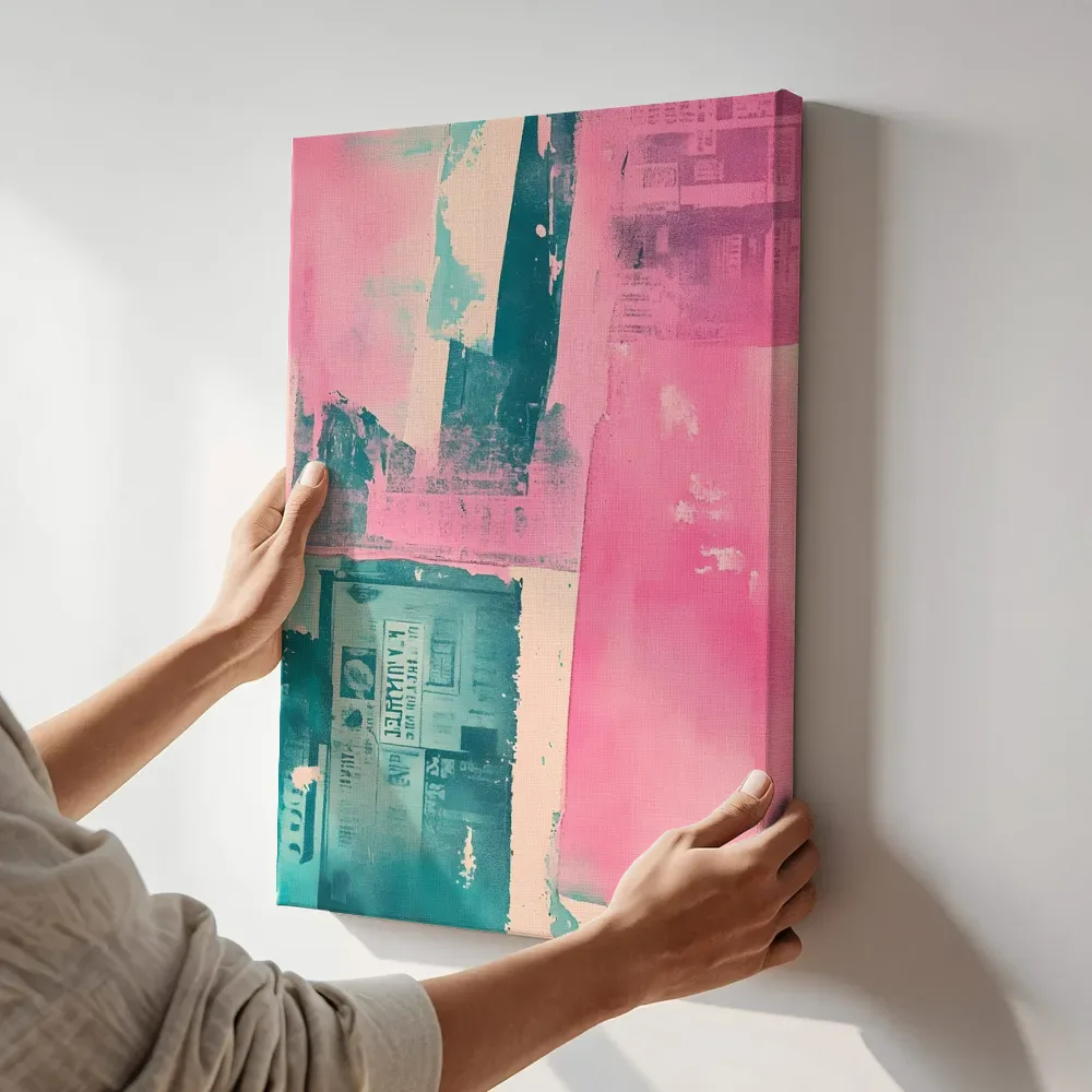 Sfeerimpressie: Roze krantencollage terwijl het aan de muur wordt gehangen